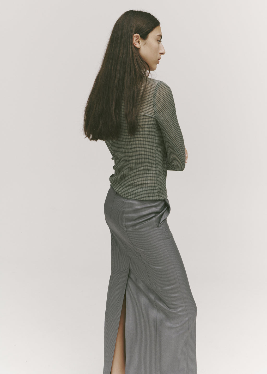 All-Day Maxi Skirt ~ Grey Pinstripe