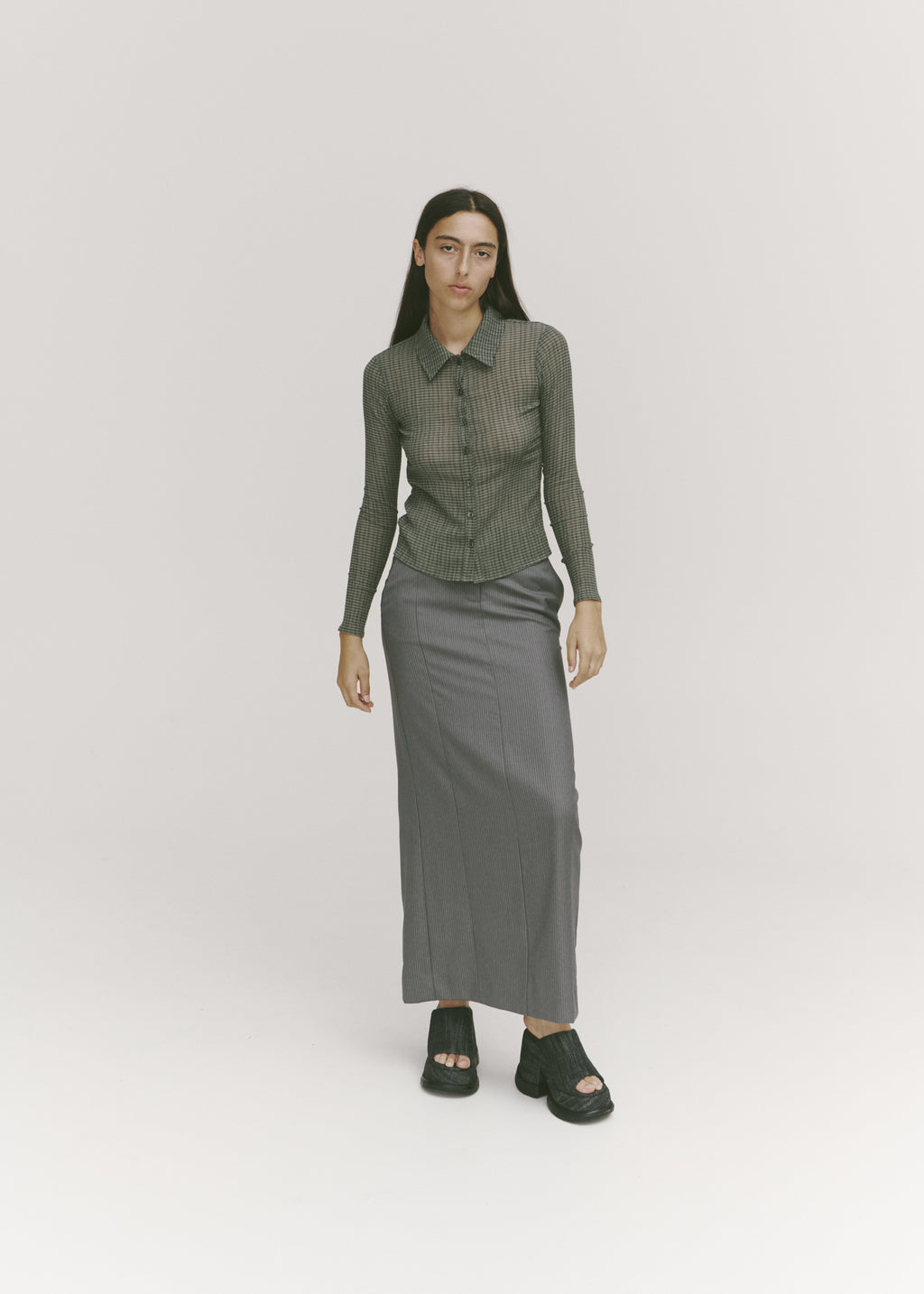 All-Day Maxi Skirt ~ Grey Pinstripe